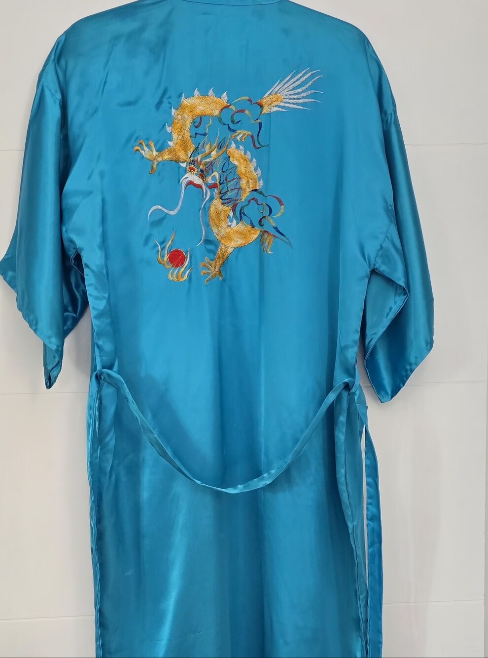 Vintage Turquoise Dragon Embroidered Long Kimono Robe Tag Size L